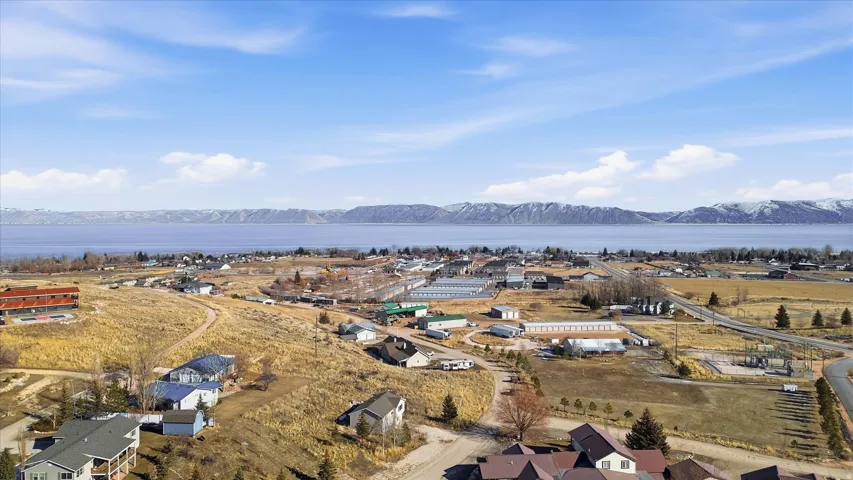 Aerial view of residential area with mountains