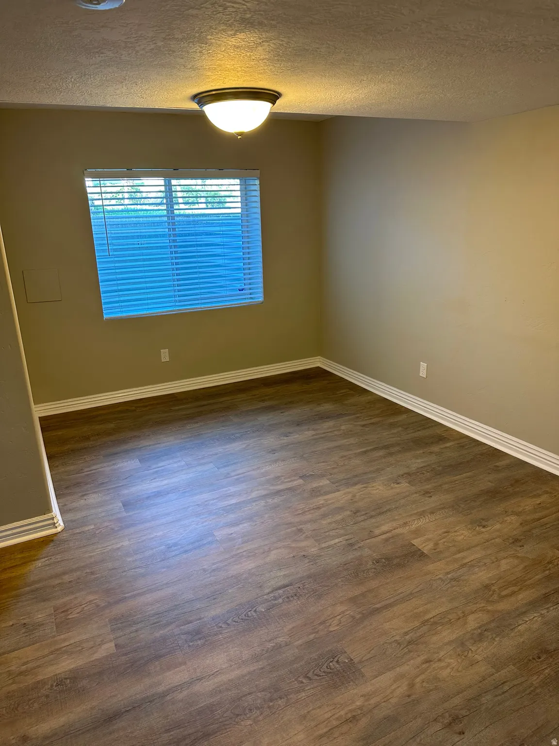 Spare room with a textured ceiling and dark wood-style floors