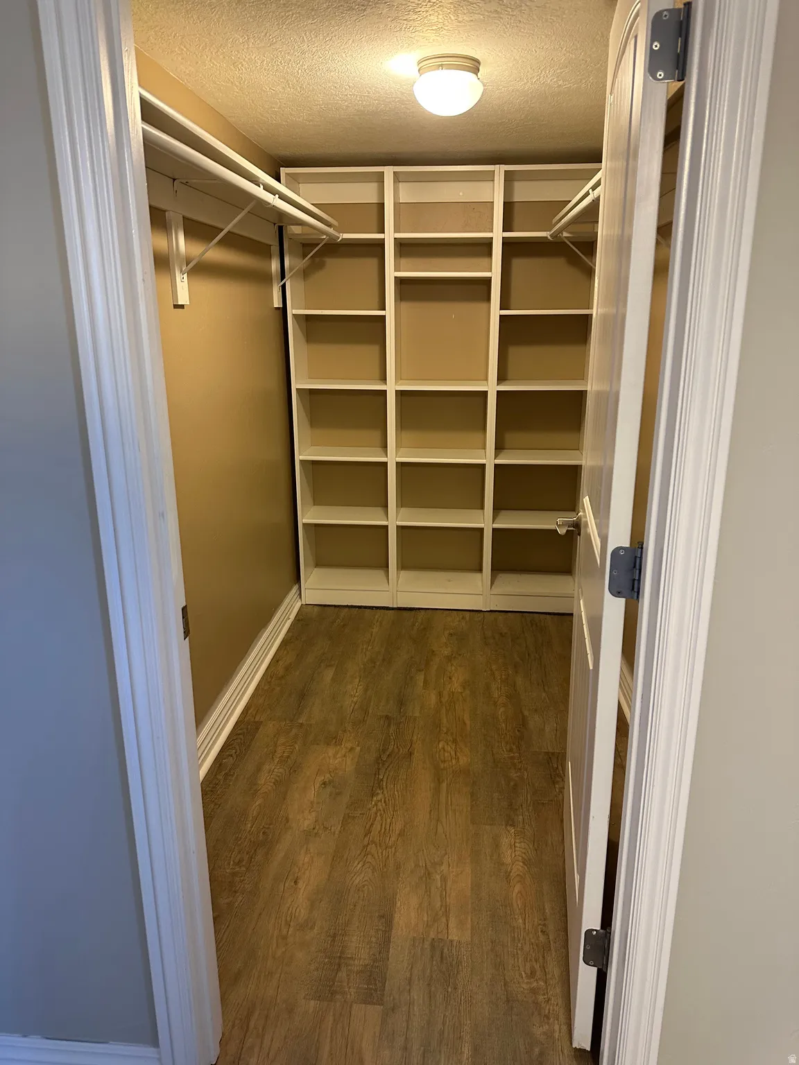 Large walk in closet with dark wood-style flooring