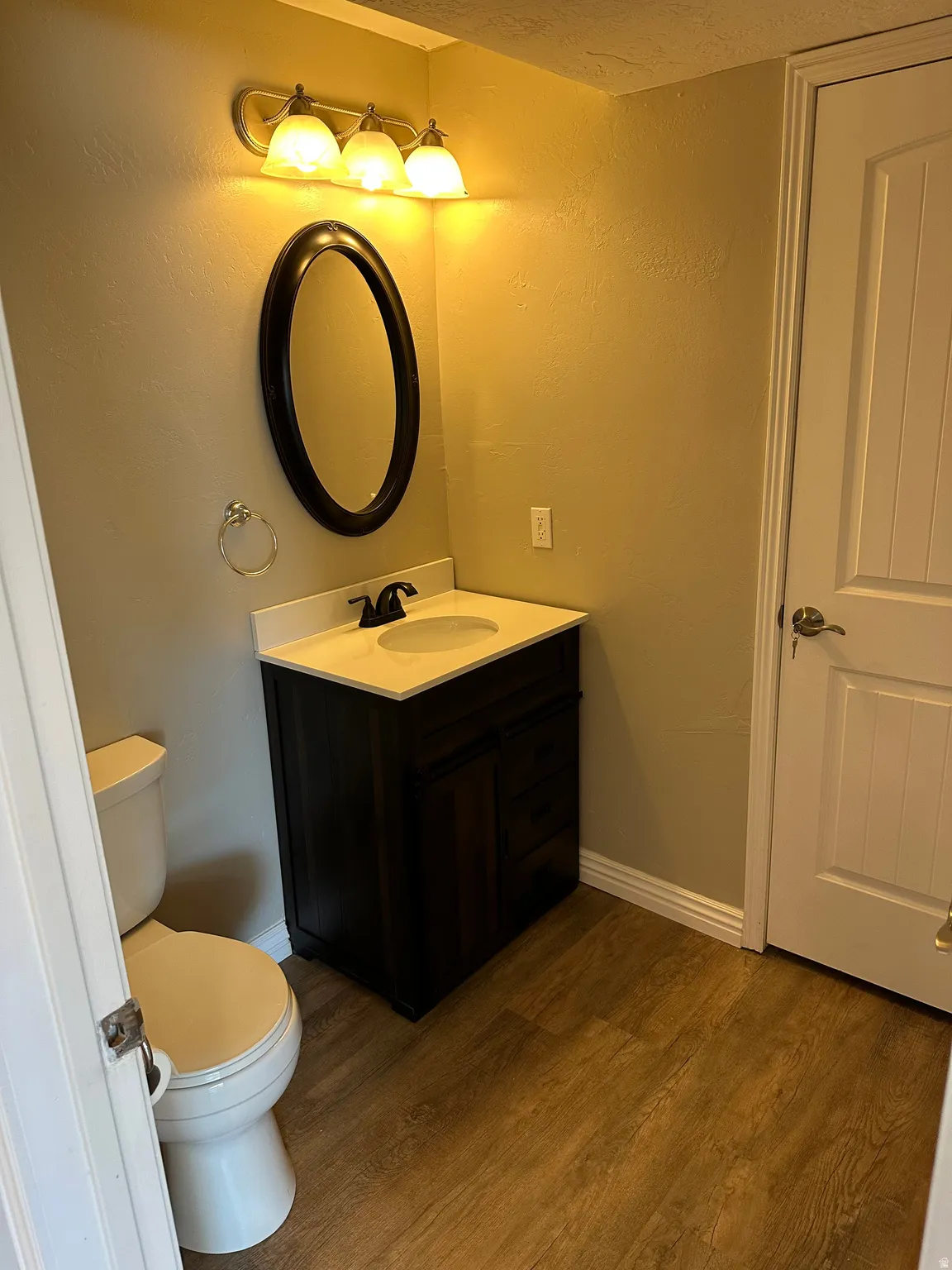 Half bath featuring dark wood finished floors, vanity, and a textured wall
