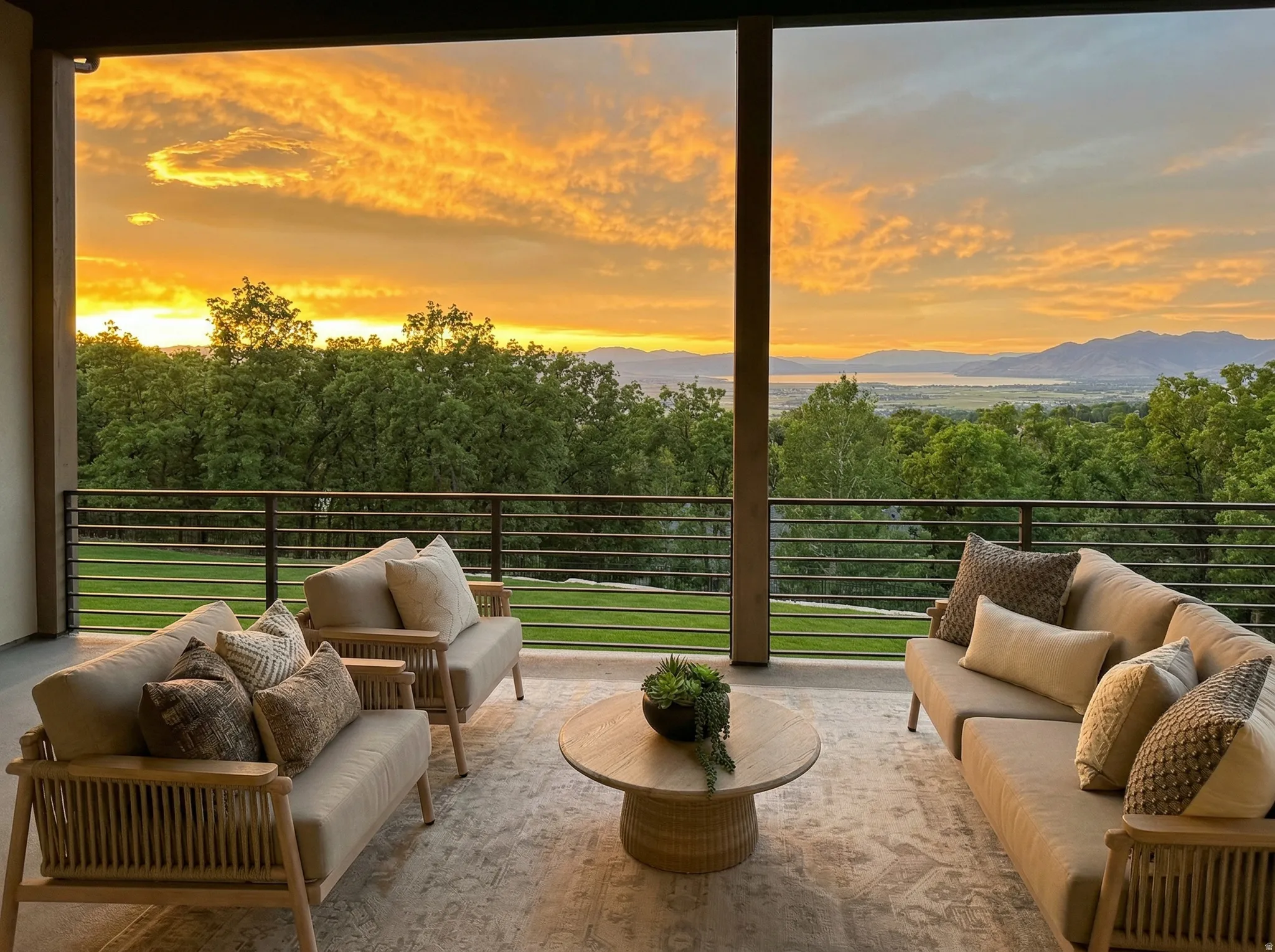 Balcony at dusk with an outdoor living space, a patio area, a forest view, and a mountain view