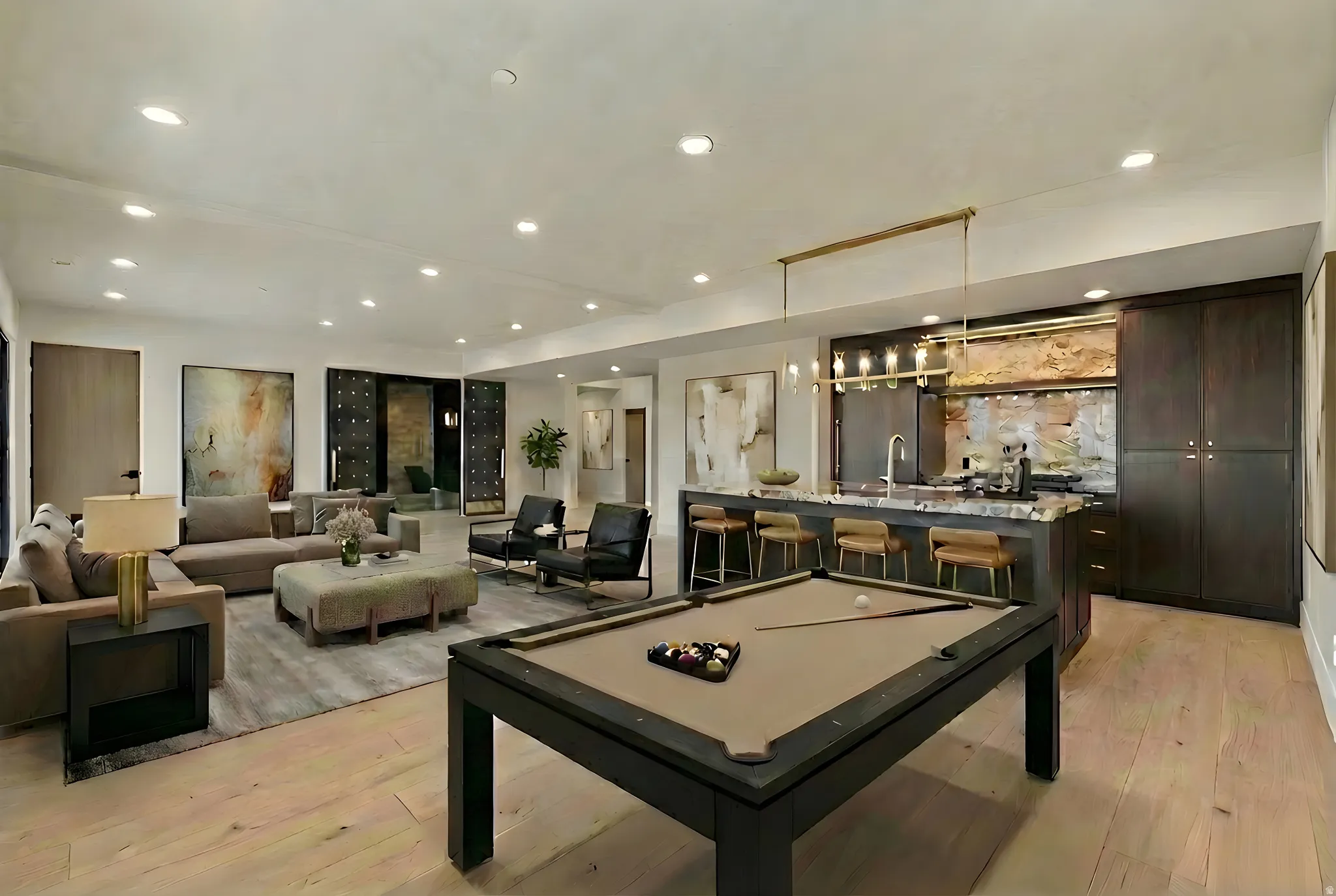 Playroom featuring light wood-style flooring, 2nd Kitchen, billiards table, and recessed lighting