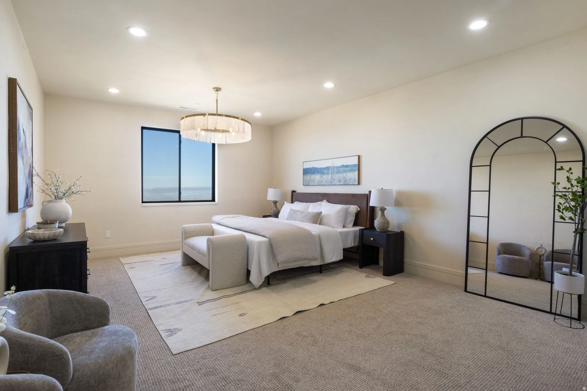 Bedroom featuring light colored carpet and recessed lighting