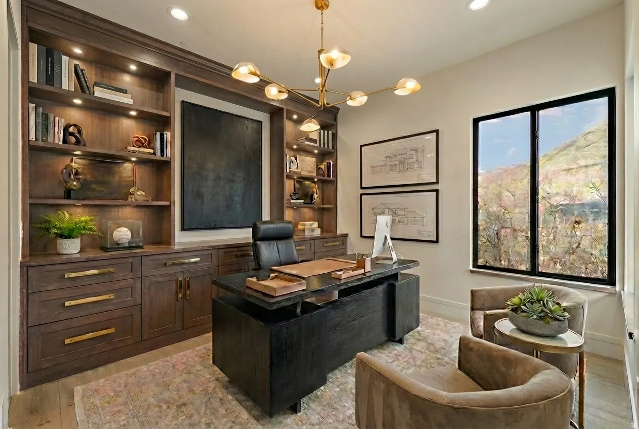 Office area featuring light wood-style floors, suspended lighting, and built in shelves