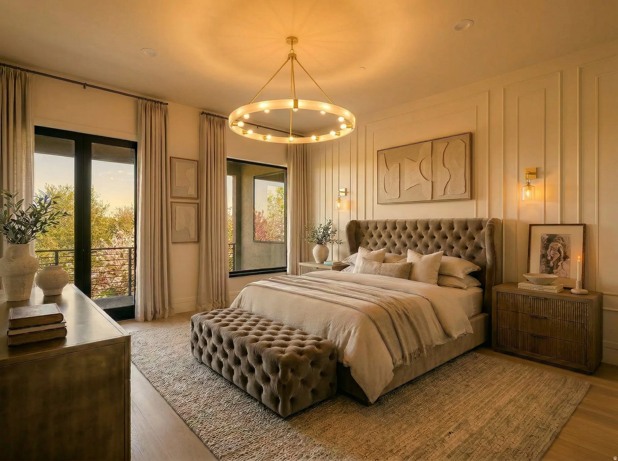 Primary Bedroom with a decorative wall, access to exterior, a chandelier, and wood finished floors