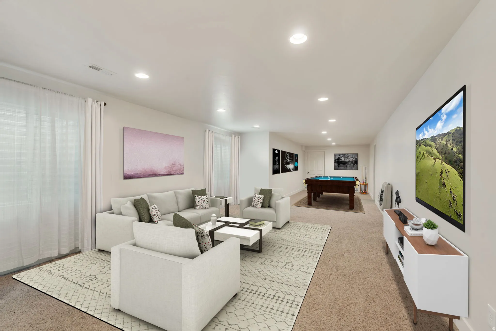 Virtually staged spacious basement with room for seating and recreation