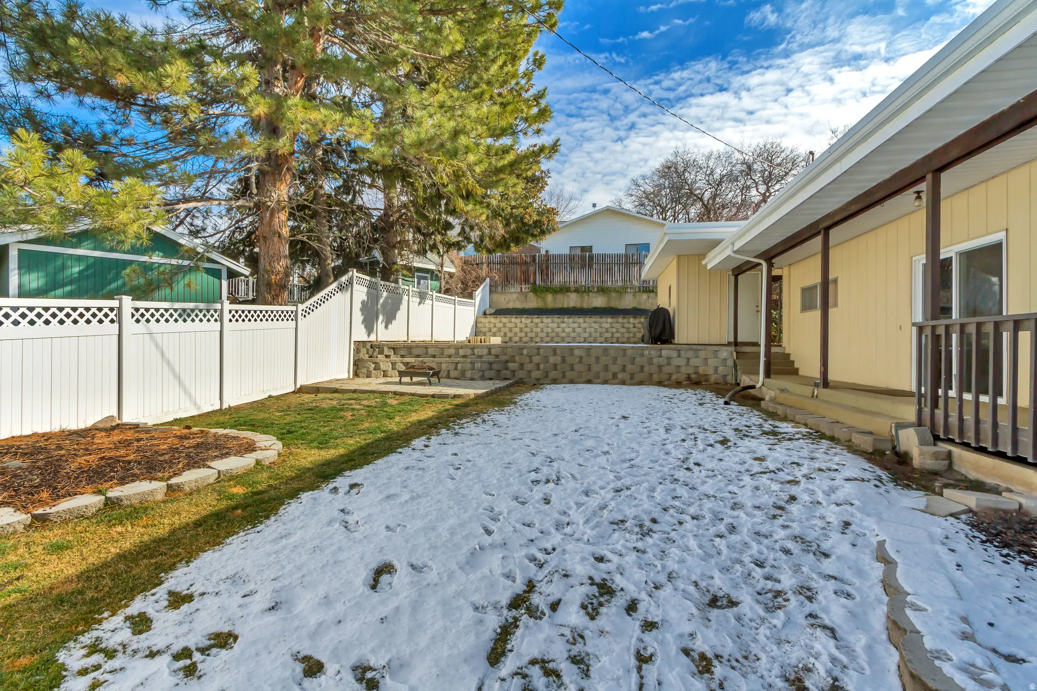 Fenced backyard with a patio area