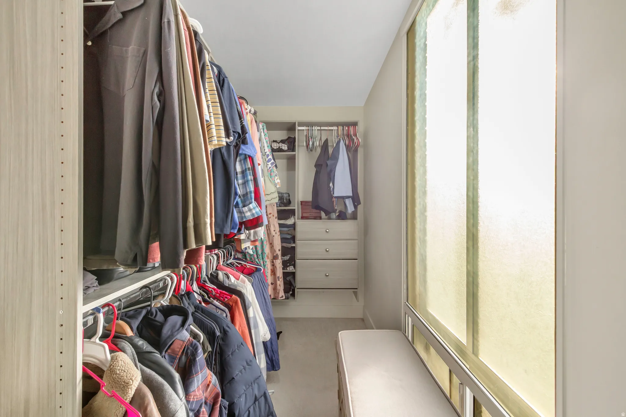 Walk in closet with light colored carpet