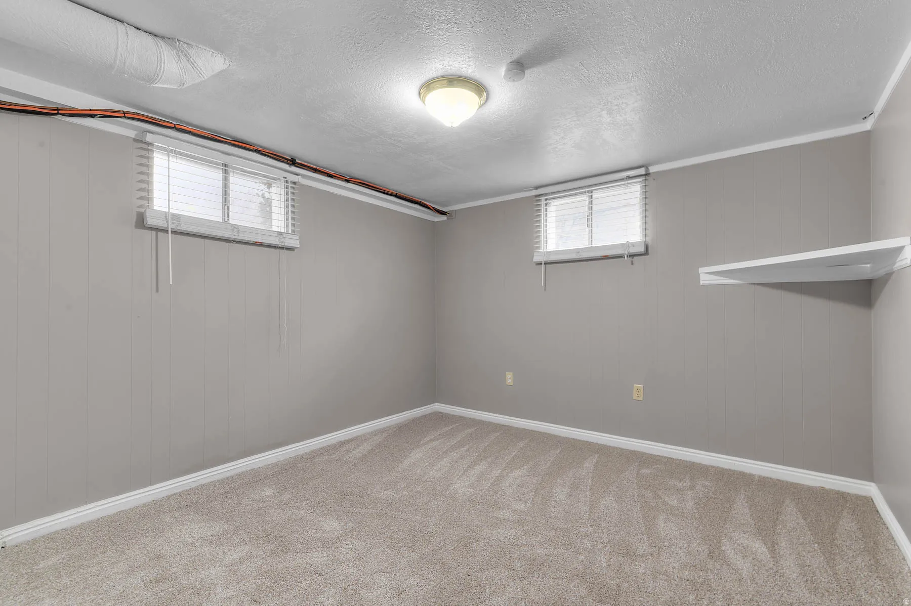 Below grade area featuring carpet, a textured ceiling, and wooden walls