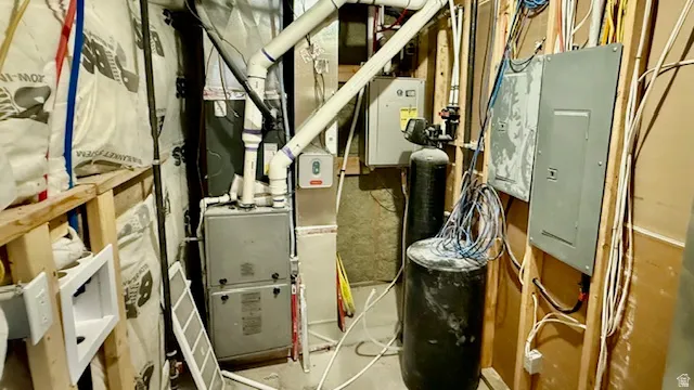 Utility area featuring a furnace, water softener, and two electrical panels
