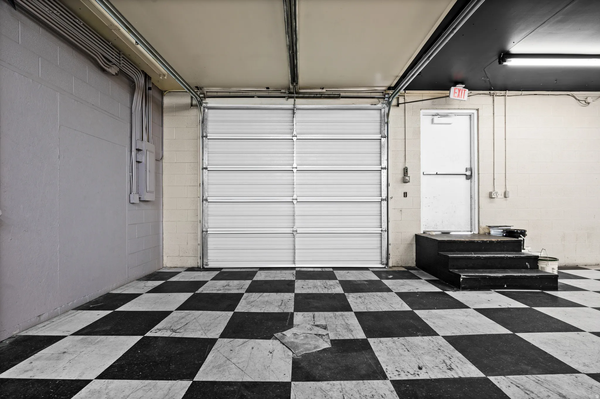 Garage with concrete block wall