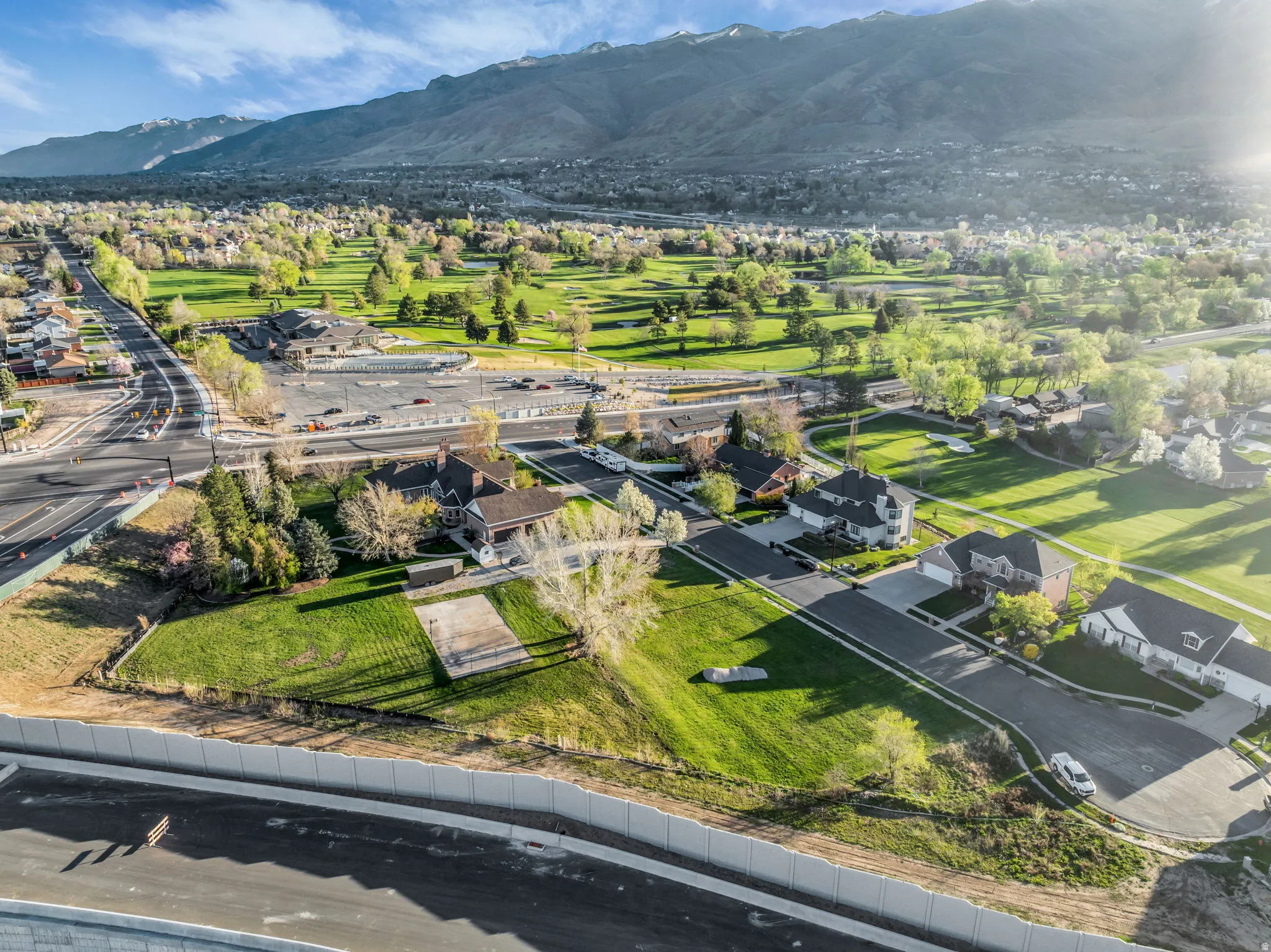 Aerial view of residential area with mountains