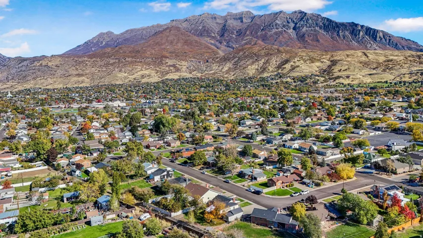Aerial view of residential area with mountains