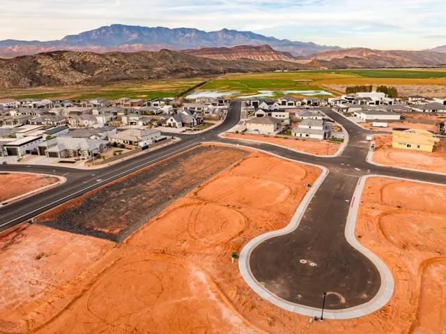 Aerial perspective of suburban area with mountains