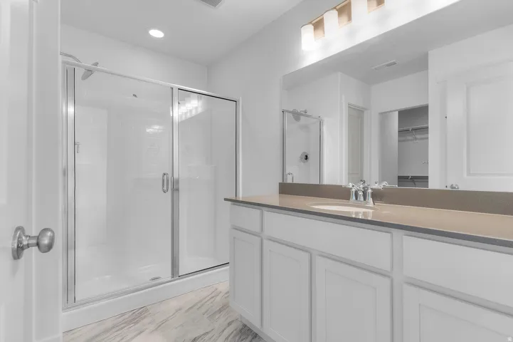 Bathroom with a walk in closet, a stall shower, and vanity