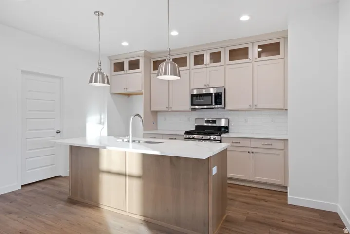 Kitchen with stainless steel appliances, a kitchen island with sink, dark wood-style flooring, glass fronted cabinets, and decorative backsplash