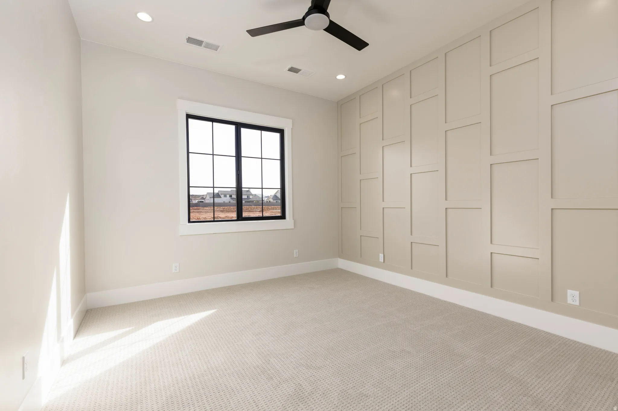 Unfurnished room with light colored carpet, recessed lighting, and ceiling fan