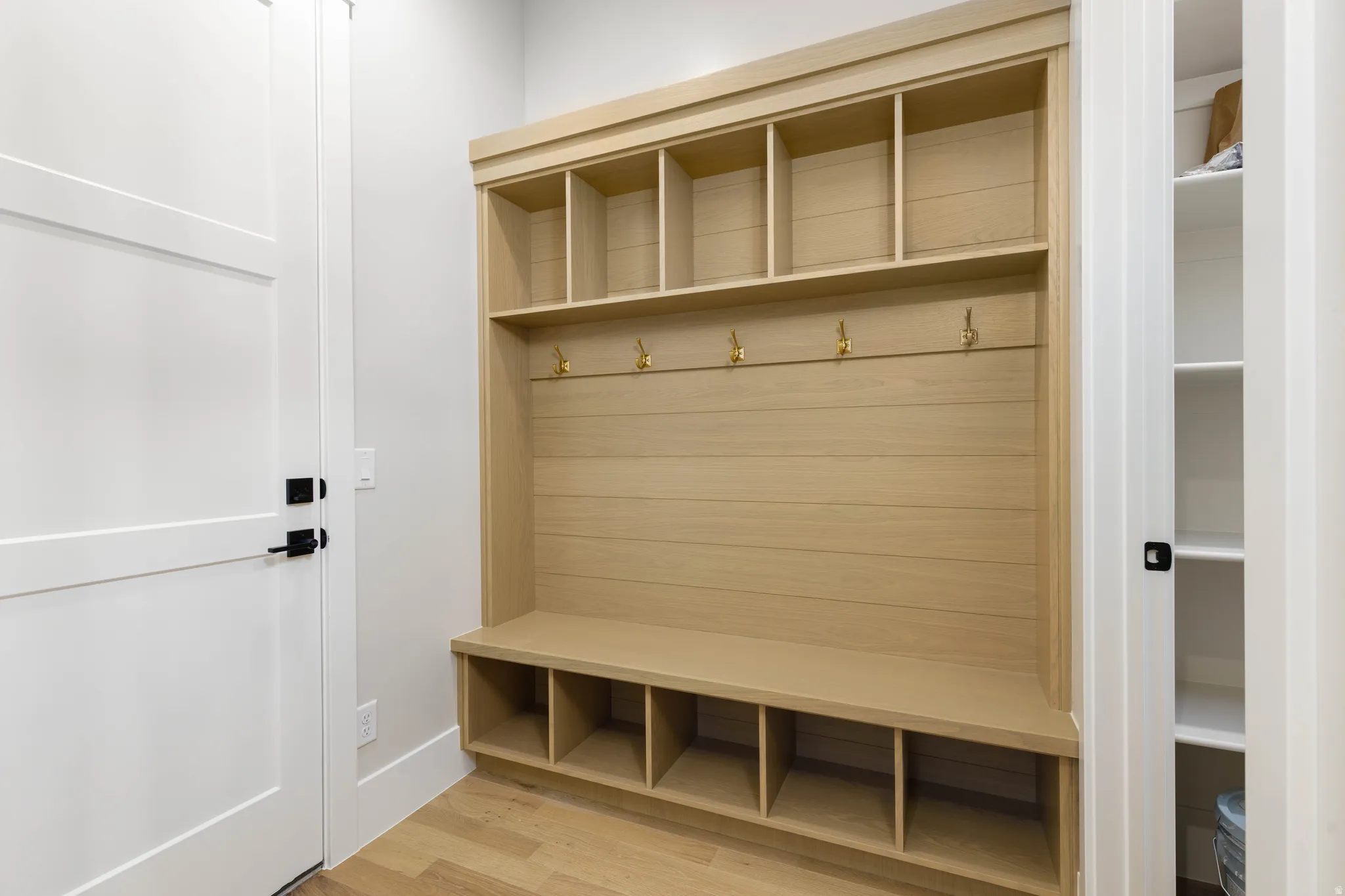 Mudroom with light wood-style flooring