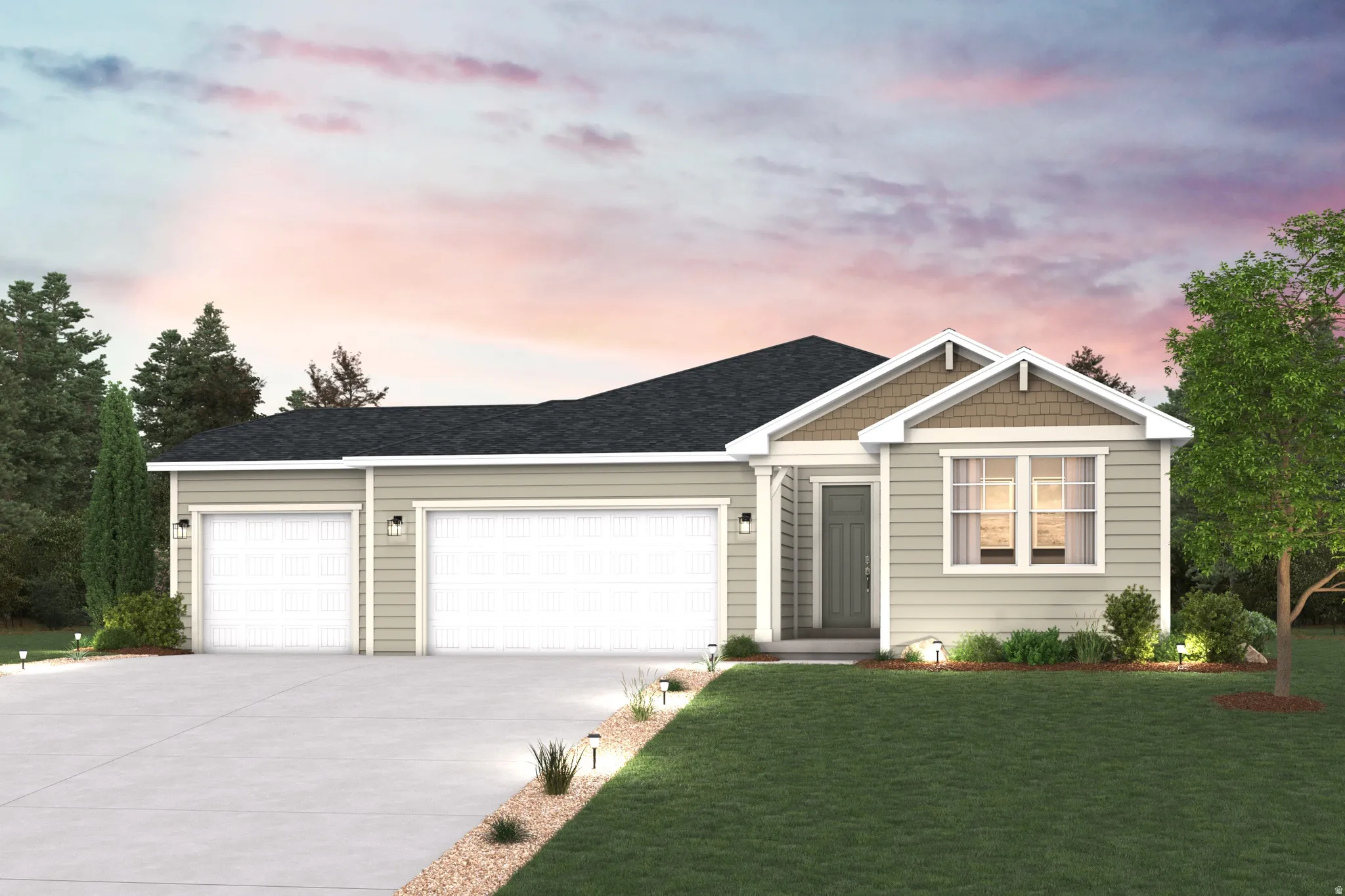 View of front facade featuring concrete driveway, a yard, a garage, and a shingled roof