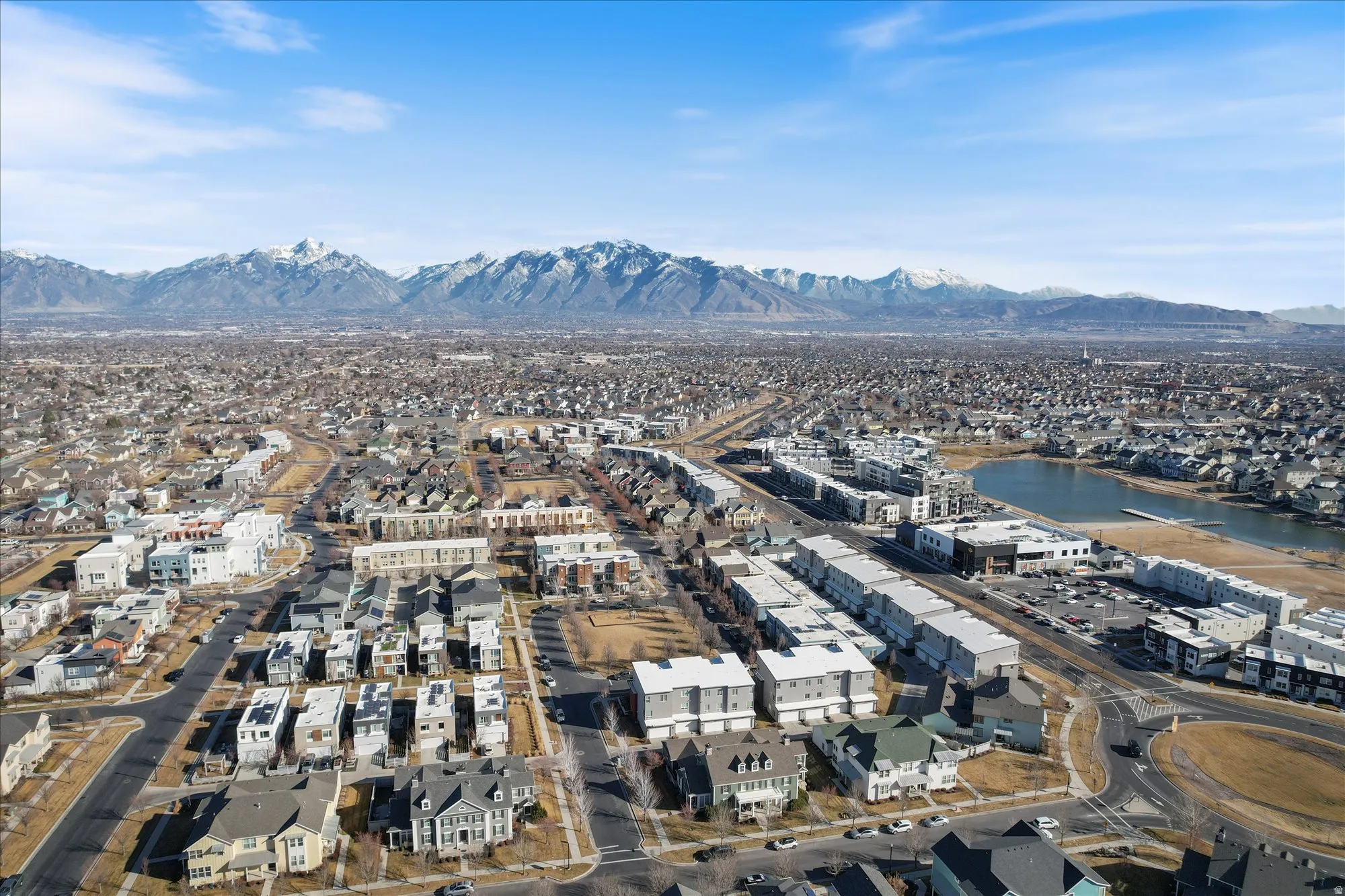Aerial view of a water and mountain view