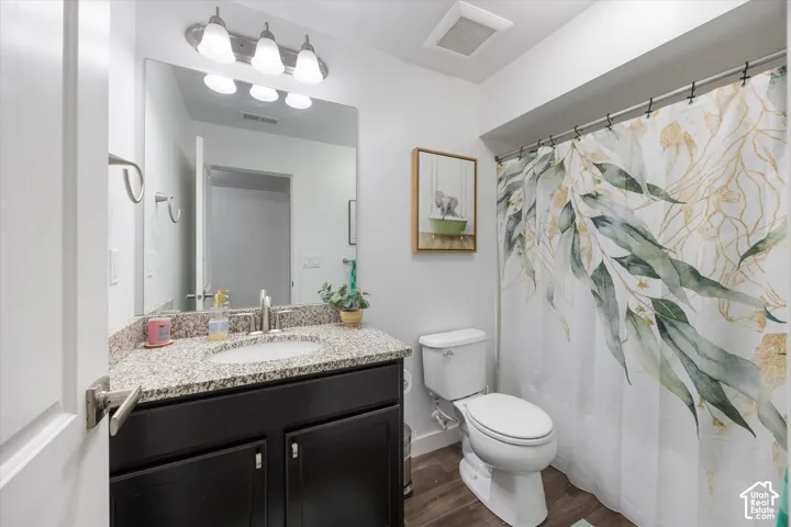 Bathroom featuring vanity, a shower with curtain, and dark wood-style flooring