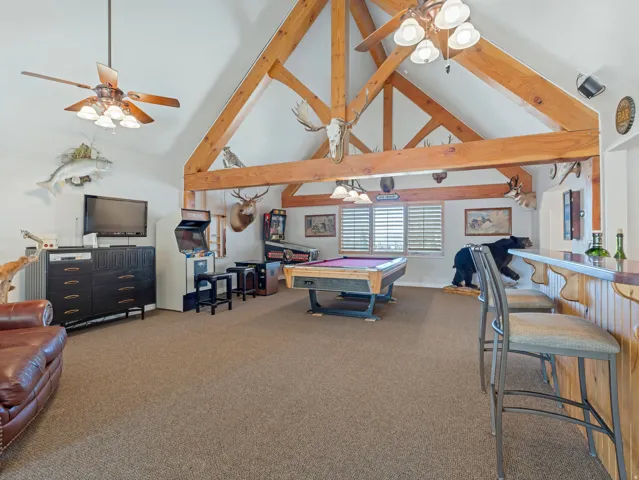Recreation room featuring ceiling fan, billiards, light carpet, and a dry bar