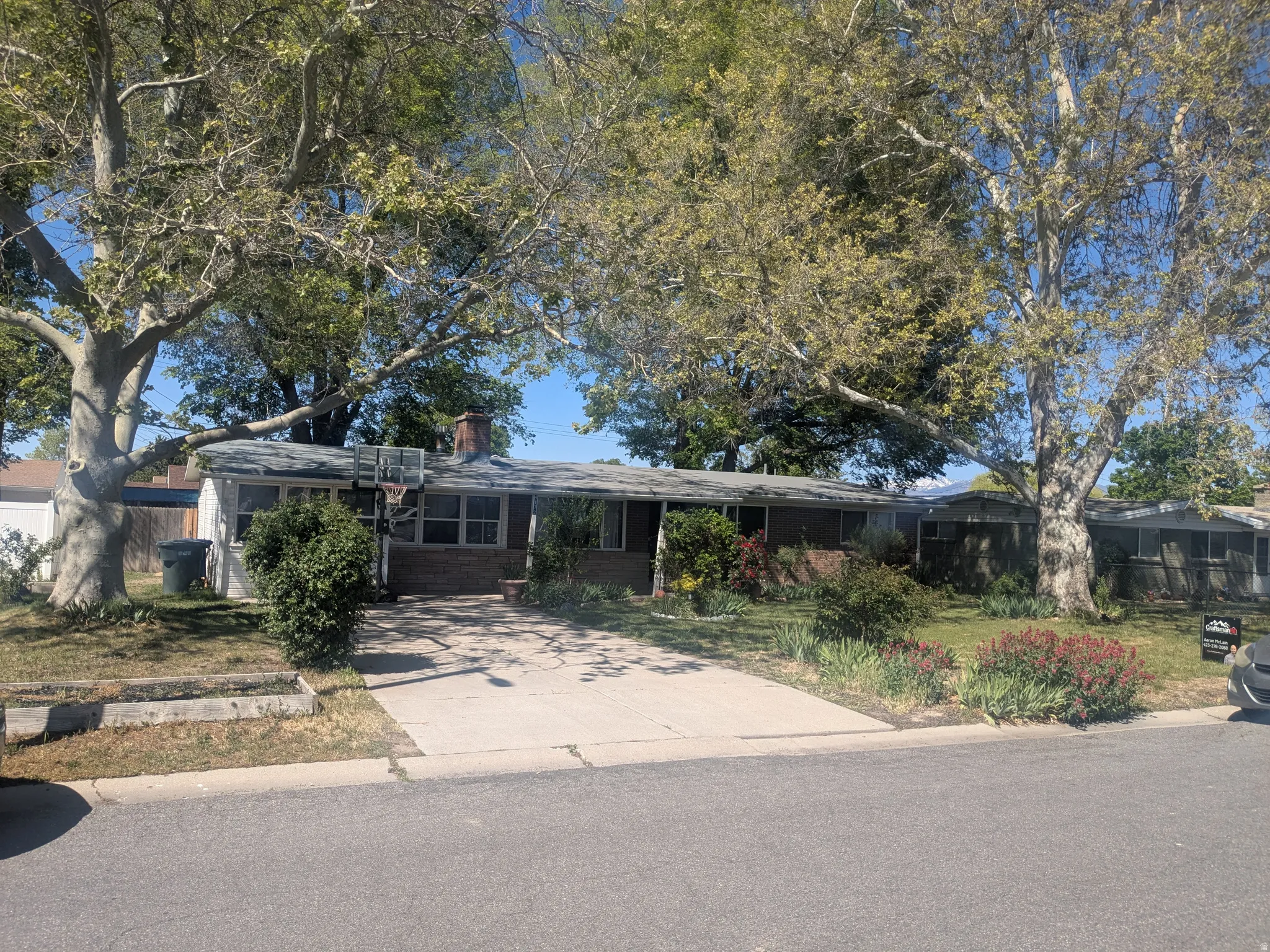 Ranch-style house featuring brick siding, a chimney, driveway, and a carport