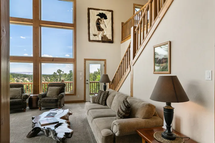 Living area featuring a high ceiling and carpet floors