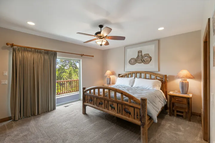 Carpeted bedroom with access to exterior, recessed lighting, and ceiling fan