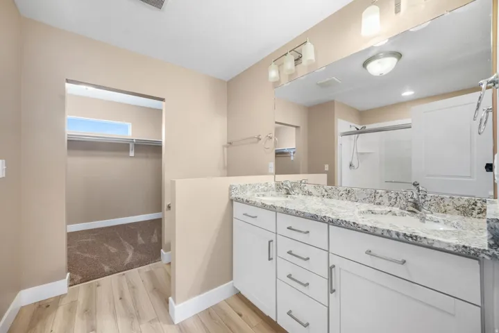 Primary en-suite full bath featuring a spacious closet, double vanity, a stall shower, and light wood-type flooring