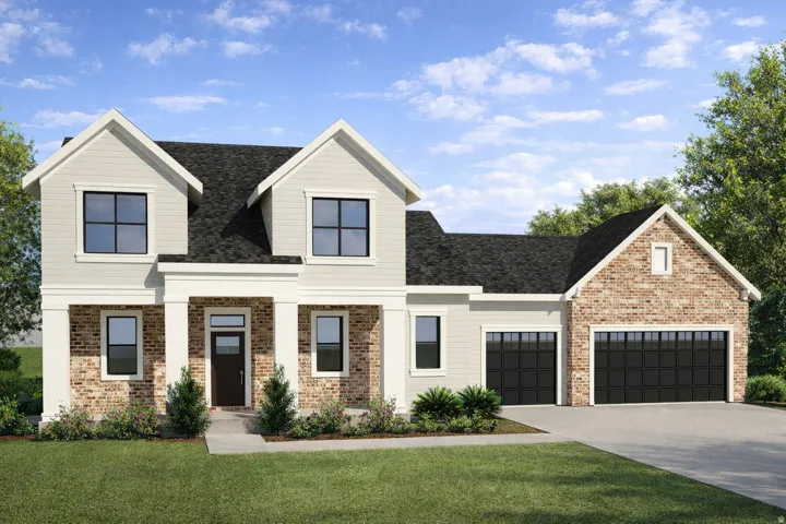 View of front of house featuring brick siding, a front yard, concrete driveway, and a shingled roof