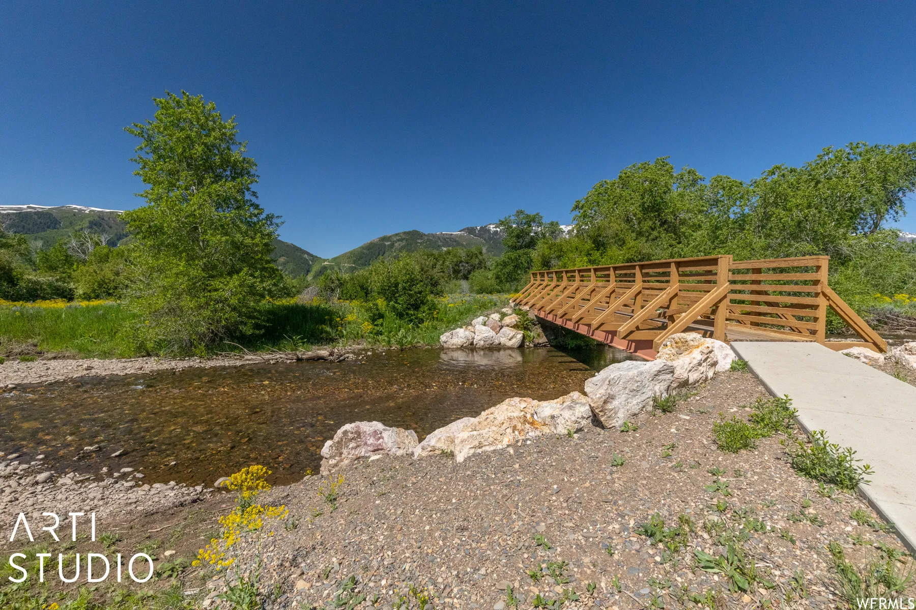 View of yard with a water and mountain view