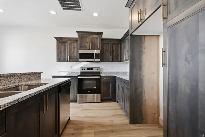 Kitchen featuring stainless steel appliances, dark wood finish cabinetry, light stone counters, light wood-style flooring, and recessed lighting