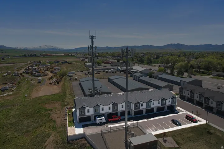 Aerial view of residential area with mountains