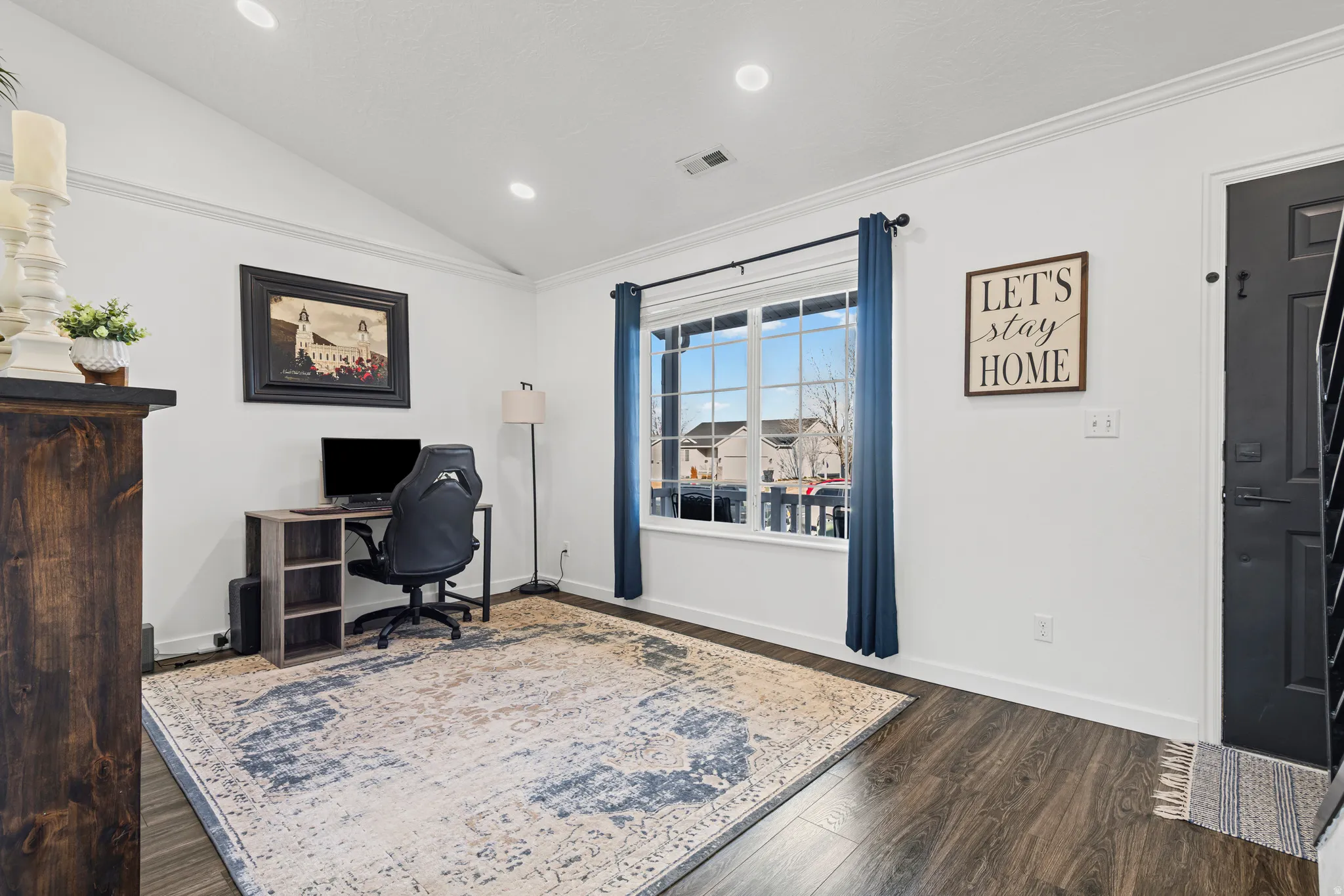 Office featuring vaulted ceiling, dark wood finished floors, and recessed lighting