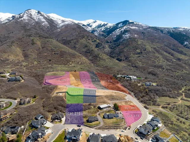 Aerial view of a mountainous background Lot 315 is shaded in Purple