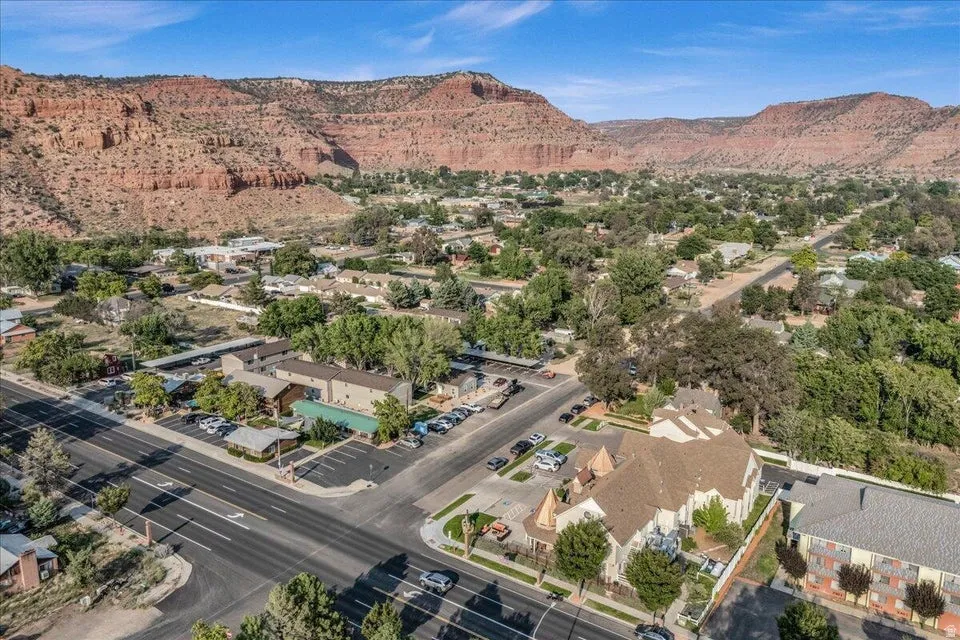 Aerial perspective of suburban area with mountains