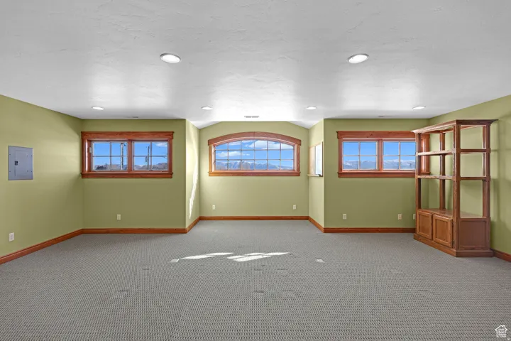 Carpeted spare room featuring electric panel, plenty of natural light, and recessed lighting