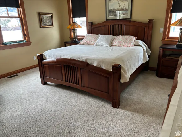 Bedroom with multiple windows and carpet