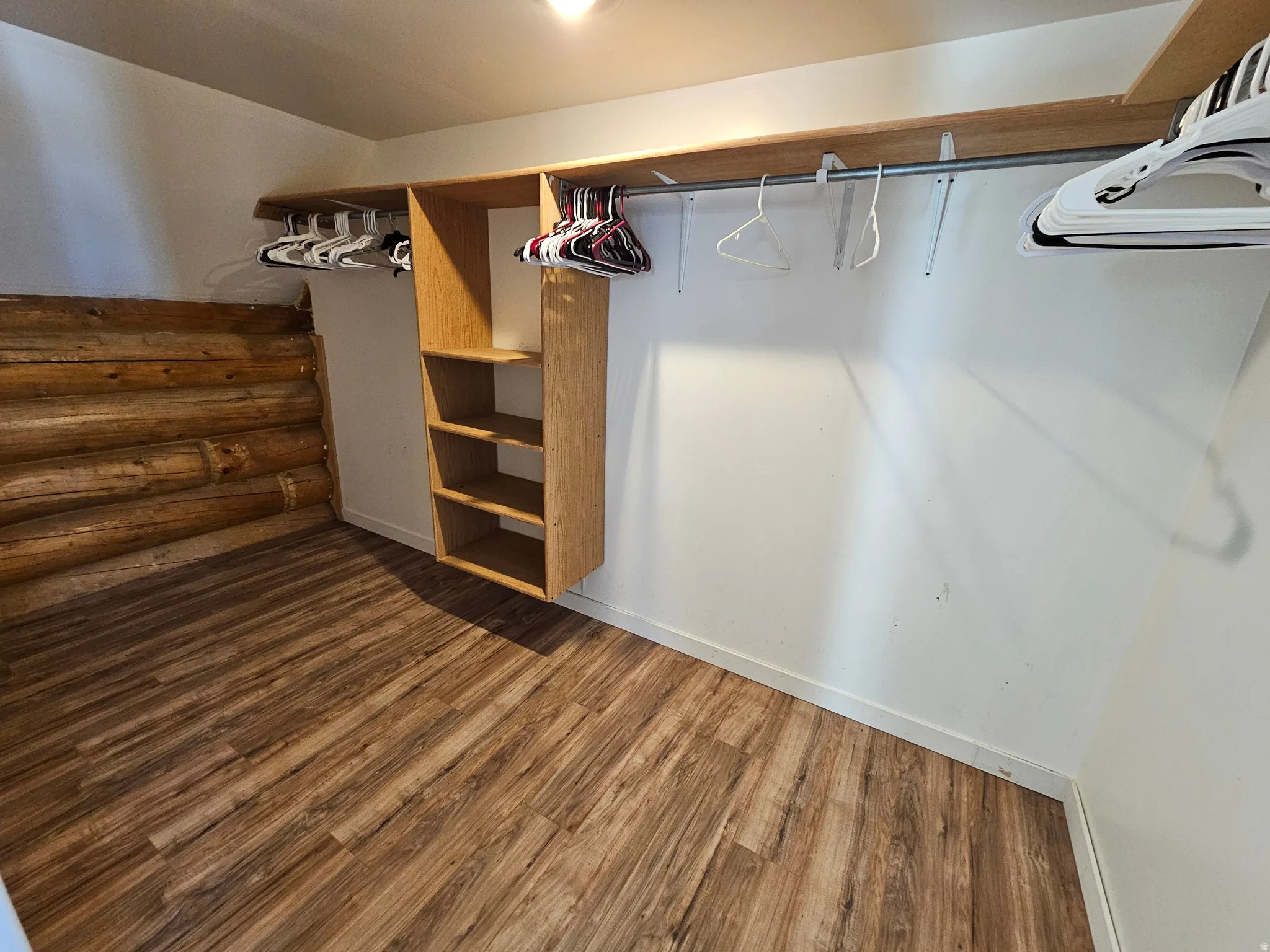 Walk in closet with dark wood finished floors