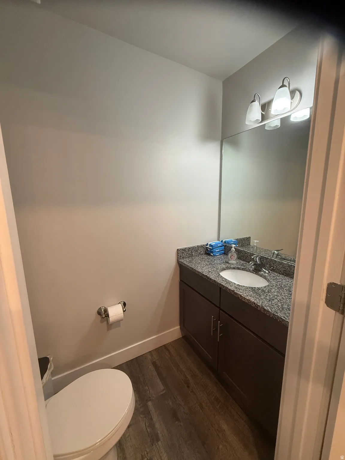 Bathroom with vanity and dark wood finished floors