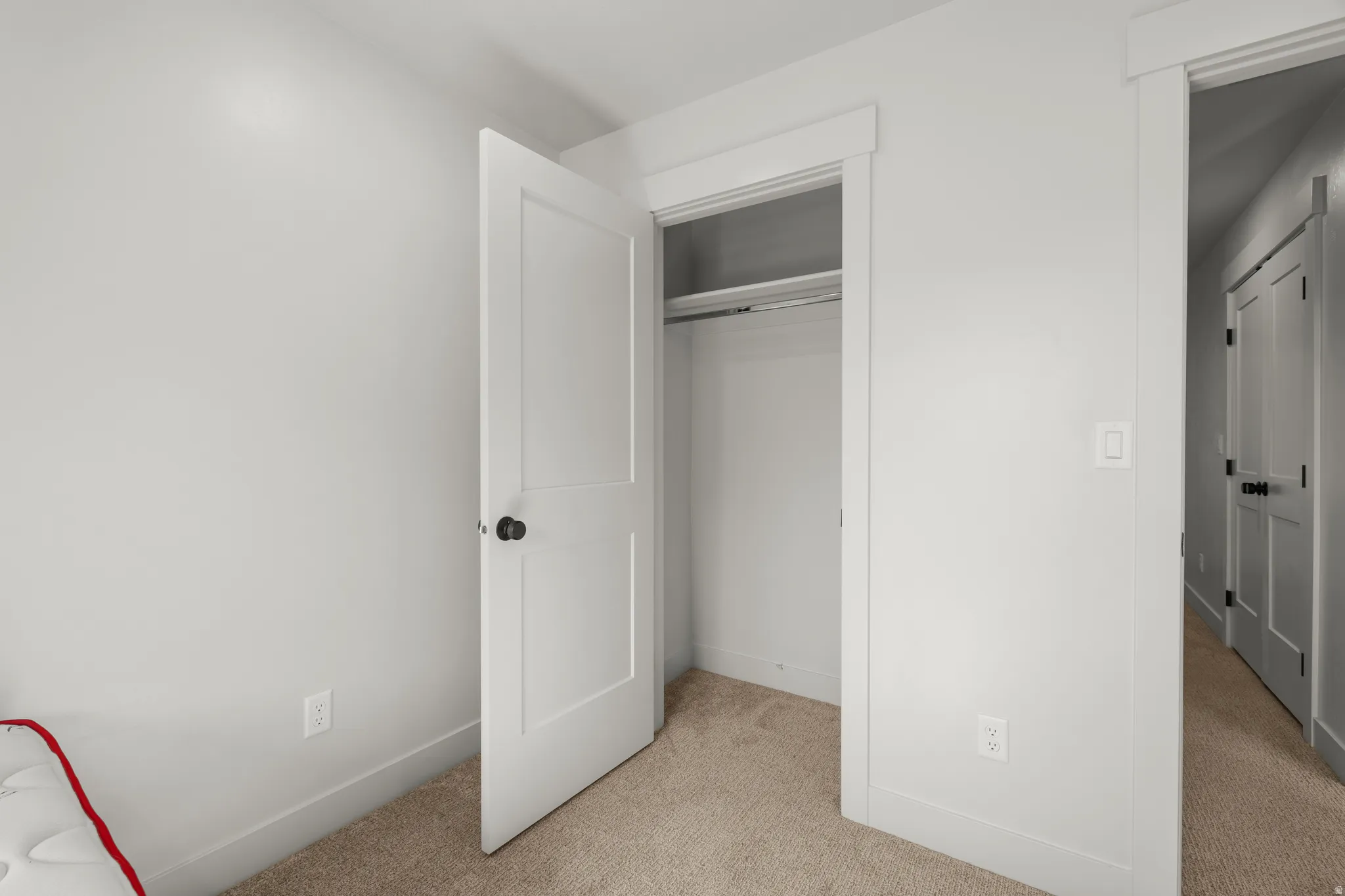 Bedroom 2 with light carpet and a closet