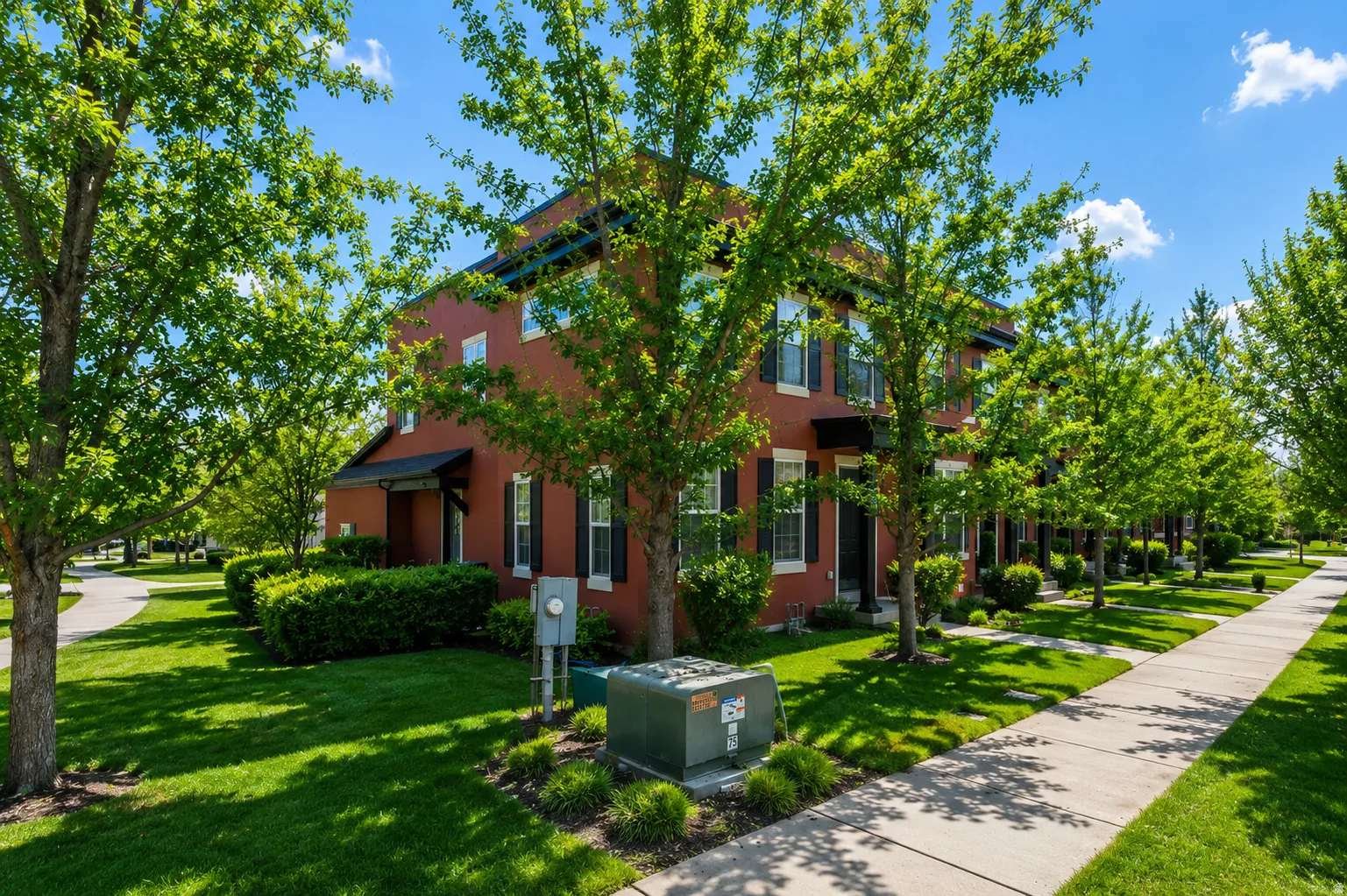 Red brick multi-story exterior featuring white window trim, black louvered shutters, an arched entry, and a dark awning