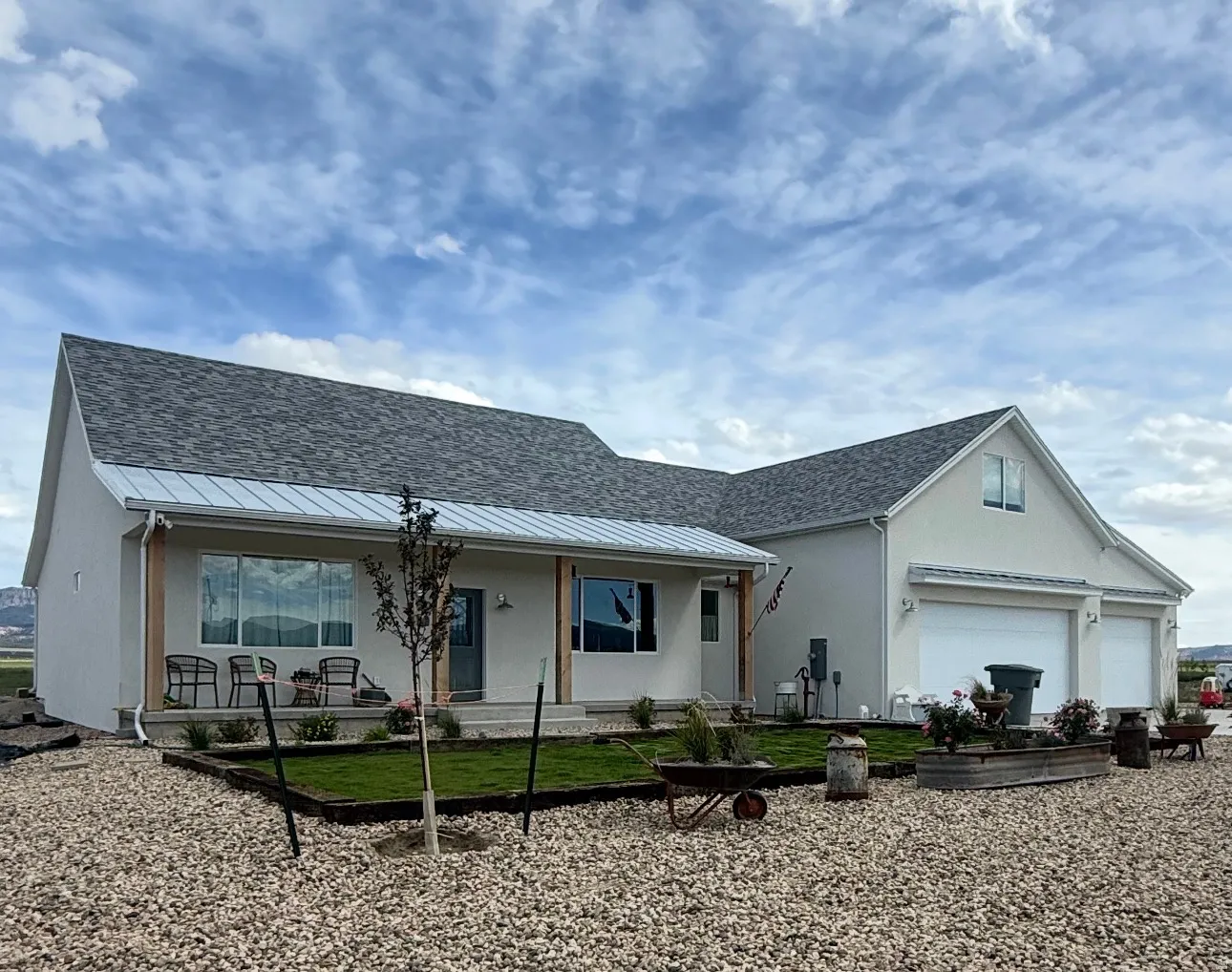 Contemporary stucco exterior with a gray asphalt shingle roof