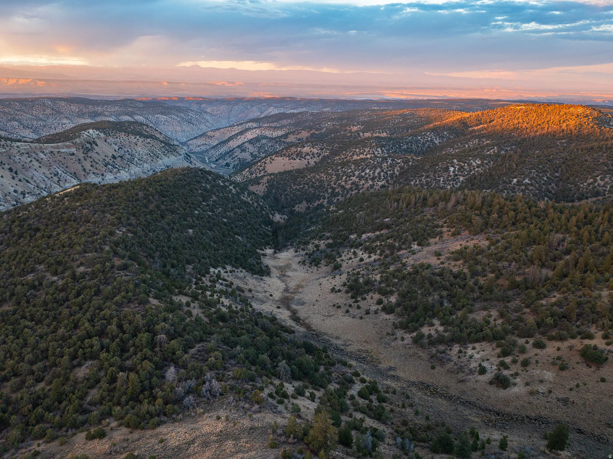 Aerial view at dusk of a mountain view