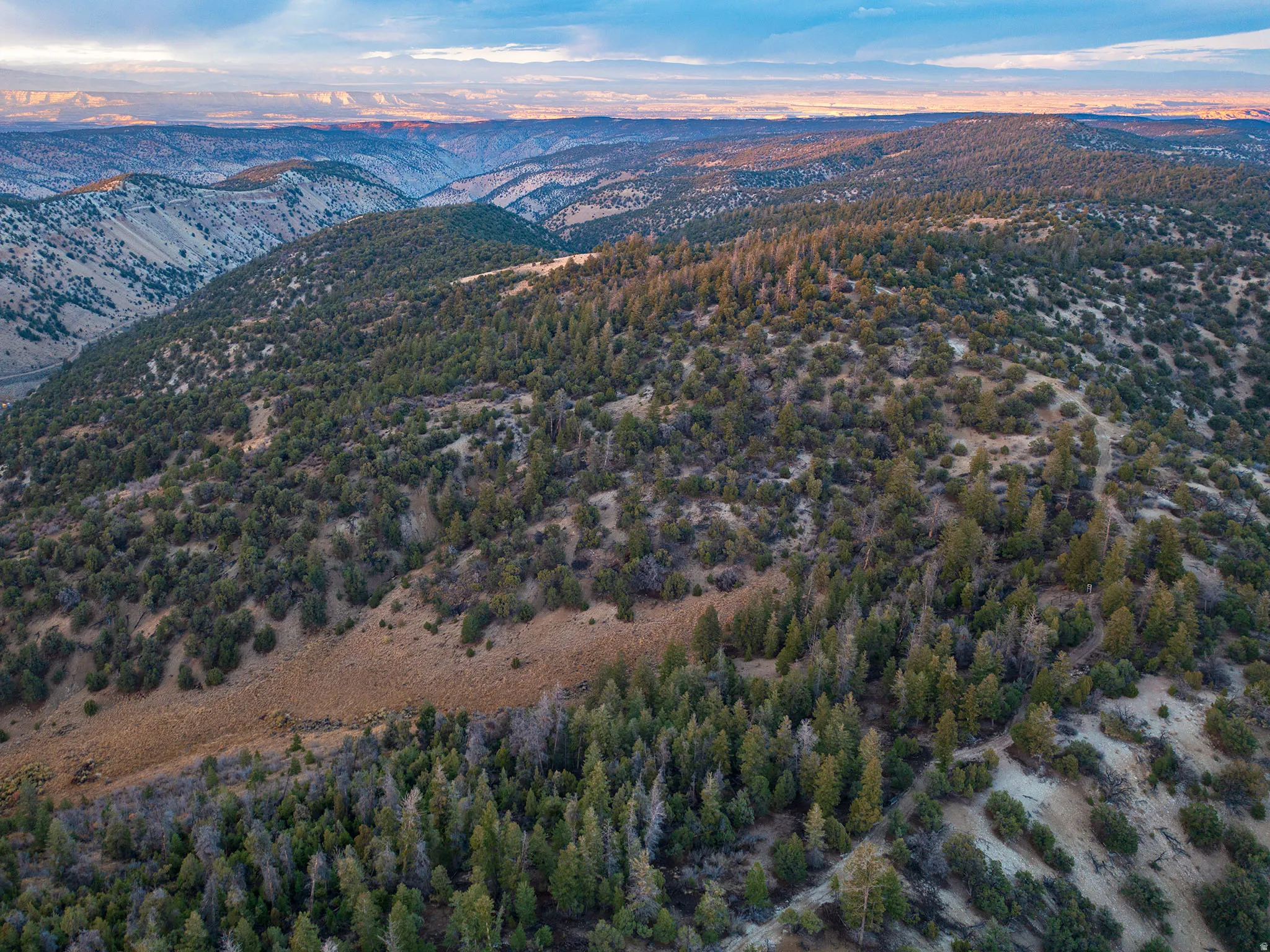 Aerial view at dusk of a mountain view
