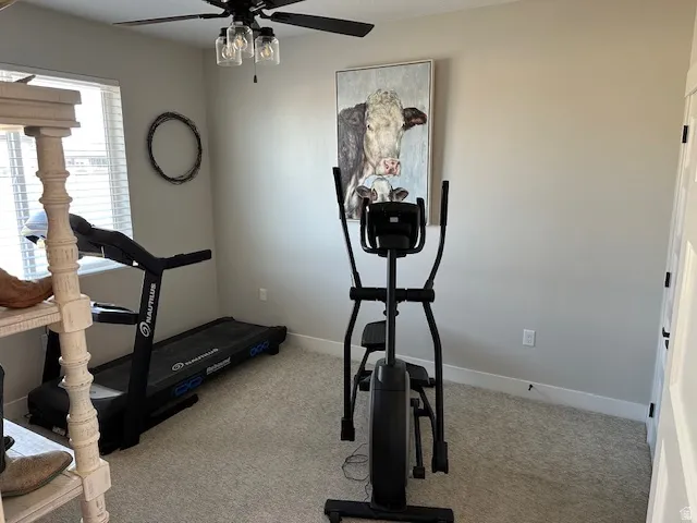 Exercise area featuring a ceiling fan and light carpet