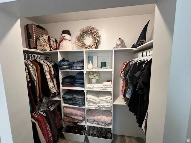 Walk in closet with light wood finished floors