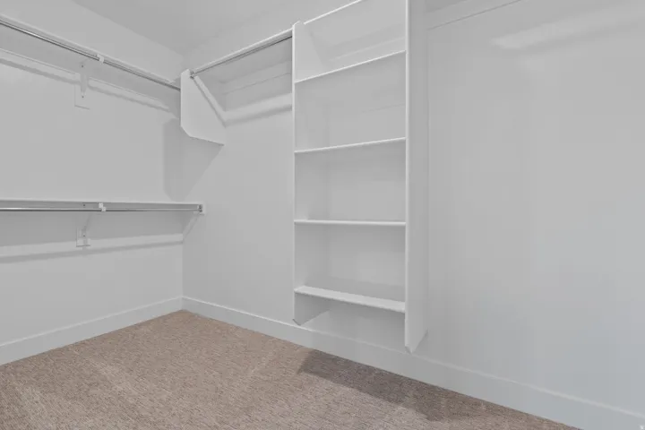 Walk in closet featuring light carpet
