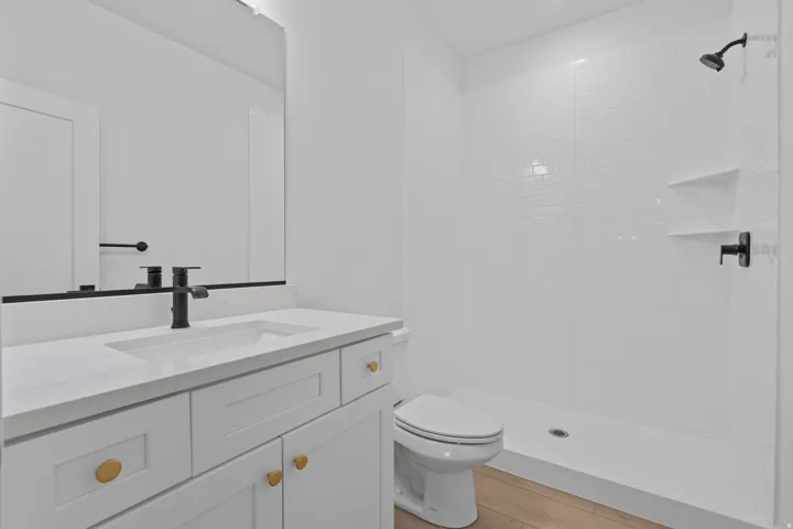 Bathroom featuring vanity, a stall shower, and light wood-style floors